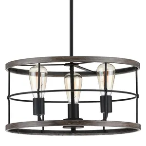 Modern Farmhouse 3-Light Round Shape Chandelier Rustic Linear Caged Pendant Lighting Fixture For Living Room