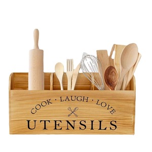 Boîte de rangement pour ustensiles en bois, organisateur de cuisine en bois massif, support d'outils de bureau, couleur naturelle, design Cook Laugh Love - Product Image 4