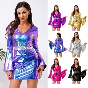 Womens Bell Sleeve Mini Dress Metallic Holographic Sequin Belt V Neck Sparkle Party Dance Stage Costume Rave Shiny Custom - Product Image 1