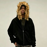 Sudadera con capucha y cremallera para hombre OUNA, negra, con capucha de piel, forro polar grueso, ropa de abrigo de invierno, estilo vintage Y2K, logotipo personalizado
