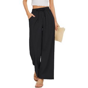 FOXA Women's Wide Leg Pants High Waist <b>Flowy</b> Palazzo Trousers With Drawstring And Pockets Breathable Summer Casual Wear - Product Image 1