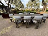 Ensemble de salle à manger d'extérieur en teck contemporain 6 places, résistant aux intempéries, en bois massif, pour usage en terrasse