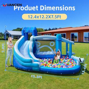 Toboggan aquatique <span class=keywords><strong>gonflable</strong></span> bleu et blanc, combinaison <span class=keywords><strong>de</strong></span> toboggan unique avec des pistes courbes palpitantes et une grande piscine inférieure. - Product Image 1