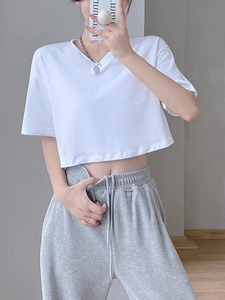 Camiseta Corta de Verano para Mujer, 95% Algodón, 5% Elastano, Cuello en V, Estampado Blanco, Estilo Urbano, Tejido de Punto - Product Image 5
