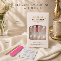 Faux ongles longs forme cercueil à presser, rose nude avec French manucure blanche, couvrance totale, brillants, pour femme, manucure élégante