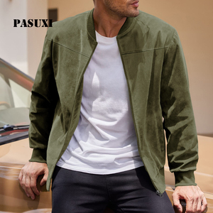 Veste d'automne fine à fermeture éclair en toile PASUXI, couleur unie vintage, manches longues, veste bomber décontractée pour homme - Product Image 1