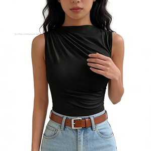 Women's Sleeveless Asymmetric Pleated Ruched <b>Mock</b> <b>Neck</b> <b>Top</b> - Satin-Fit Casual Shirt <b>Top</b> Vest Fashion - Product Image 5