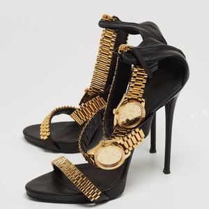 Sandales d'été à talons aiguilles pour femmes, nouveau design, avec bride de cheville et fermoir à bout pointu doré, style montre à enfiler - Product Image 6