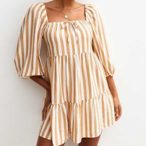 Vestido de Verano de Lino de Manga Corta Elegante para Mujer, Diseño a Rayas, Informal, de Algodón, Mini Vestido, Personalizado OEM de Alta Calidad - Product Image 2