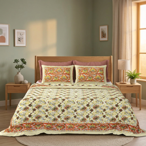 Ethnic Screen Print Bedsheet Indian Cotton Floral Jaipur Handmade Boho Bedspread <b>King</b> <b>Size</b> Bedroom Decor - Product Image 3