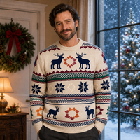Pull personnalisé pour homme, motif Fair Isle de Noël, avec bandes intarsia rennes et flocons de neige, rayures colorées, tricoté, OEM ODM