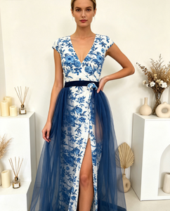 Robe longue élégante à col en V profond, taille haute, avec nœud décoratif, coupe ajustée, pour soirée, fête ou tenue quotidienne chic pour femme - Product Image 2
