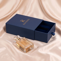 Boîte d'emballage de parfum personnalisée bleu marine, boîte coulissante en carton de luxe vide avec motif floral estampé or pour parfum