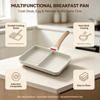 Poêle multifonctionnelle en aluminium moulé sous pression antiadhésive avec compartiments pour petit-déjeuner, cuisson des œufs, compatible induction