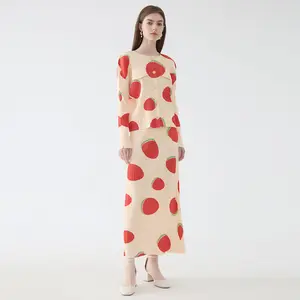 2024 new fashion strawberry printed 2 pieces set women outfit panel dress straight skirt summer casual vacation dresses