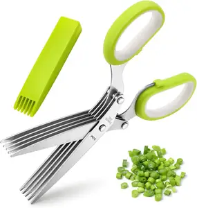 药草剪刀多用途5刀片厨房药草剪刀药草切割机，带安全盖和清洁梳，用于切碎罗勒韭菜