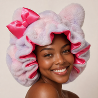 Bonnet de nuit en polaire doux avec petit nœud sur l'oreille gauche, doublure en satin, sangle élastique réglable, 35 cm, bonnet à cheveux double couche pour femme