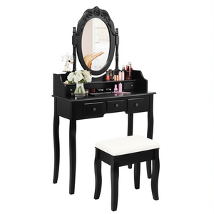 Ensemble de coiffeuse avec miroir et tabouret rembourré, 5 tiroirs, noir - Product Image 1