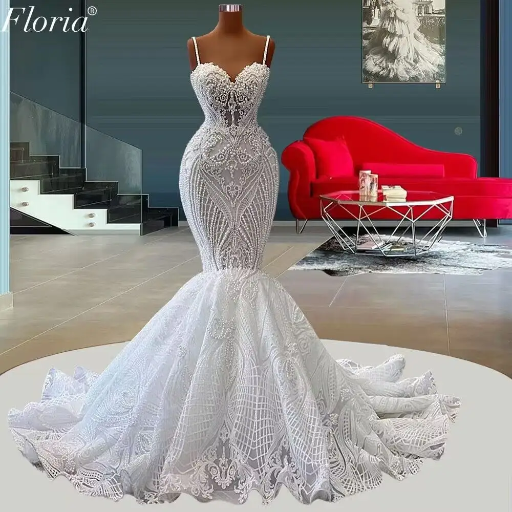 2024 hecho a medida perla con cuentas pez nupcial encaje pesado bordado telas vestido de novia completo sirena vestido de novia