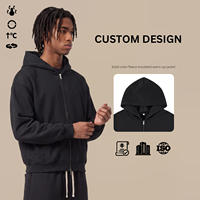 Vente en gros : Sweat à capuche zippé pour homme, personnalisable avec logo, doublure polaire 350G, coupe courte et ample, avec poche plaquée, en mélange de coton