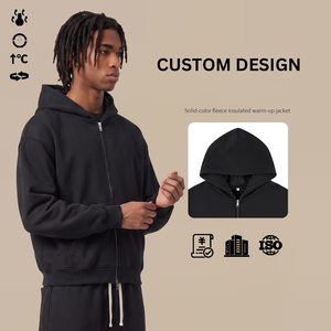 Wholesale Custom Logo 350G Fleece Lined Zip up <strong>Hoodie</strong> <strong>Men</strong> Short Wide Loose Patch Pocket Cotton Blend Hooded Jacket - Product Image 4