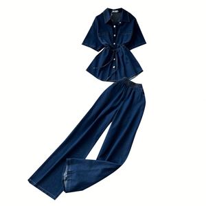 Conjunto de 2 Piezas para Mujer, Estilo Y2K, Tejido Sólido, Top con Cuello en V, Pantalones de Mezclilla con Cintura Elástica, Antiarrugas, Sostenible, Transpirable y de Secado Rápido - Product Image 5