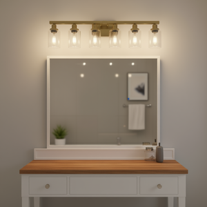 Applique murale moderne à 6 lumières pour salle de bain, en métal doré, avec abat-jour en verre transparent, éclairage blanc chaud pour miroir, 37 pouces - Product Image 2