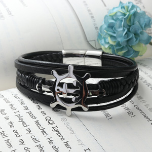 Titanium Steel Ship Wheel <b>Leather</b> <b>Bracelet</b> Black Fashion Charm <b>Bracelet</b> For Men Women Jewelry - Product Image 2