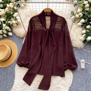 Blouses douces à manches longues et col à nœud pour femme, à <span class=keywords><strong>pois</strong></span>, collection automne, vente en gros - Product Image 2