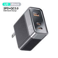 Adaptor Perjalanan Tahan Api PD QC3.0 65W untuk Ponsel, Tablet, Laptop dengan 2 Port Tipe-C dan 1 Port USB