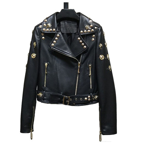 3212 Zipper Design Wholesale Woman Leather Clothes Black Biker Motorcycle Punk Studded Real Leather Jacket