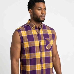 Hot <b>Plaid</b> Pattern Cotton Loose Fit Men's Sleeveless <b>Plaid</b> Flannel <b>Shirt</b> Button Down Casual Top Purple Yellow Check With Pockets - Product Image 3