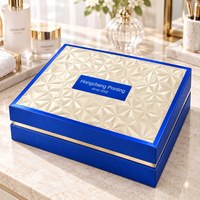 Caixa de Presente Rígida de Luxo Personalizada, Ecológica e Feita à Mão, Azul Metálico, Duas Peças, com Tampa Geométrica em Relevo para Cosméticos e Cuidados com a Pele