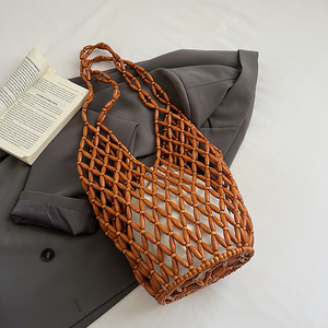 Bolso de hombro grande de gran capacidad para mujer, estilo veraniego 2026, con cuentas y tejido, ideal para vacaciones, color liso, para playa y compras. - Product Image 1