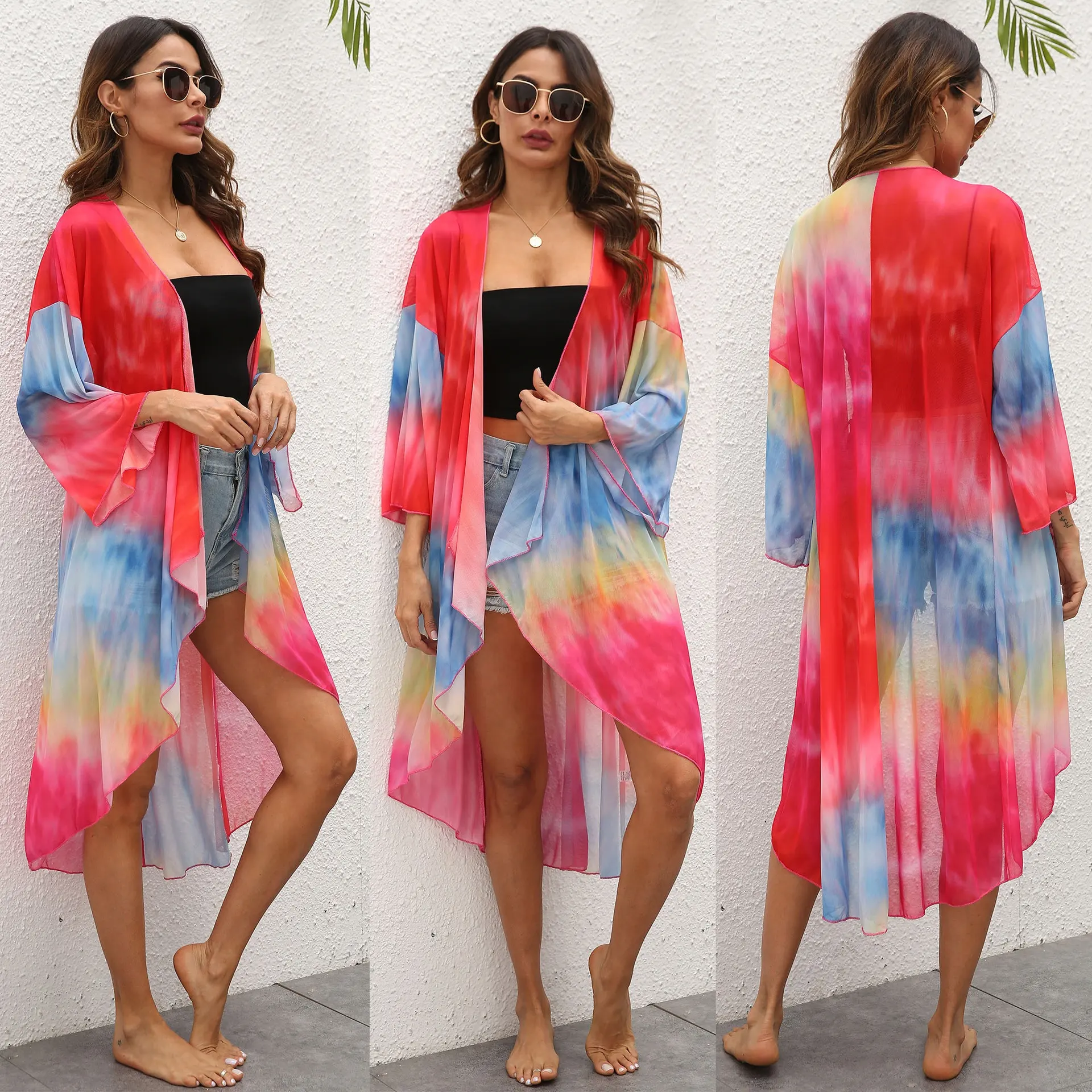 2021 Musim Panas Baru Wanita Kasa Tie-Dye Warna Acak Cetak Kimono Beach Coverup Bikini Sunscreen Mantel