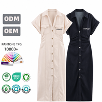 Robe chemise en jean personnalisée avec logo pour femme, manches courtes, boutonnée, longueur midi, poche poitrine, OEM ODM, faible MOQ, fournisseur en gros