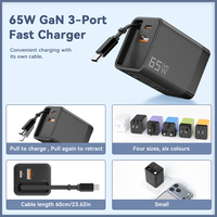 Cargador GaN personalizado de 65W con 3 puertos PD QC3.0, adaptador de cargador de pared USB C de carga rápida con cable retráctil