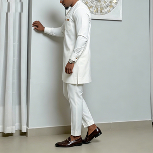 Ensemble Kaftan Blanc <span class=keywords><strong>Moderne</strong></span> pour Hommes Africains, 2 Pièces, Tunique à Manches Longues et Pantalon pour Usage Quotidien, Aïd, Ramadan et Événements Décontractés - Product Image 6