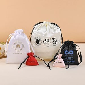 Wholesale <b>White</b> <b>Satin</b> <b>Shoe</b> Drawstring Bag with Embossed Silk Screen Logo Customizable Pouch for Gift Use - Product Image 4