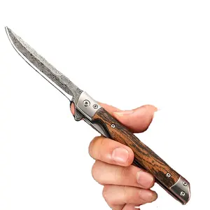 Pisau saku lipat untuk pria, klip ramping EDC pisau Tanto dengan selubung profil rendah pisau pria dengan pegangan kayu klasik