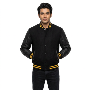 Veste de baseball personnalisée pour homme avec col montant, poche à bouton-pression, manches en cuir et logo frontal - Product Image 1