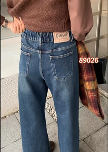 大码女式高腰阔腿牛仔裤常规版型四季弹力透气环保牛仔裤涤纶 - Product Image 4