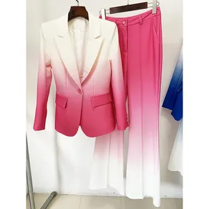 HIGH STREET Newest Fashion 2023 Designer Suit Set Women's Gradient Color Printed Single Button Blazer Flare Pants Suit 2pcs