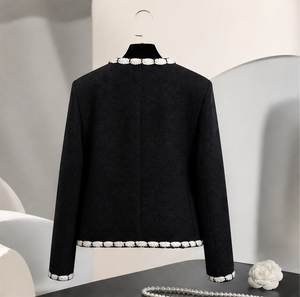 Giacca da <span class=keywords><strong>donna</strong></span> in <span class=keywords><strong>tweed</strong></span> 100% lana double-face, blazer corto con collo rotondo e bordi colorati per il commuting - Product Image 3