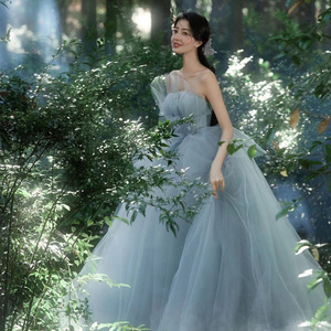 Blue Gray Strapless Ball Gown Wedding Dress Empire Waistline Princess Style Slim Fit High End Bridal Gown - Product Image 4