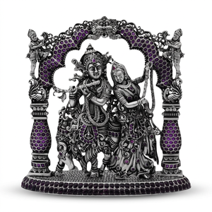 Statue religieuse Radha Krishna en argent pur avec pierres violettes vives, sculpture traditionnelle hindoue pour la décoration de temple ou de maison - Product Image 3