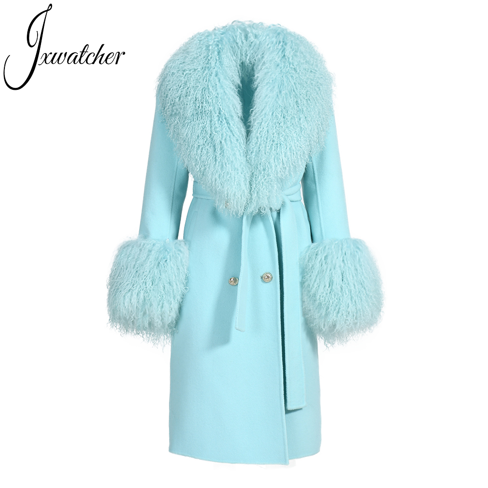 Wholesale Real Fur Collar Cashmere Trench Coats Double Faced Slim Luxury Belted Long Women Winter Mongolian Lamb Fur Wool Coat