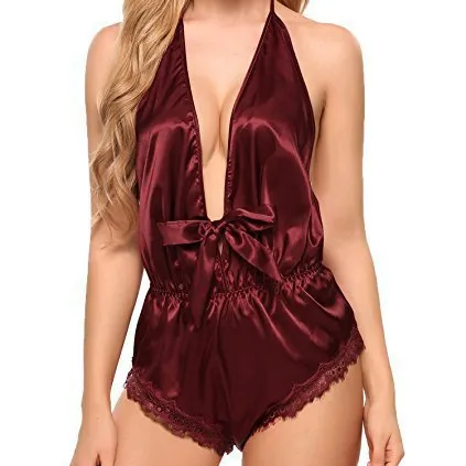 Women Lingerie V Neck Nightwear Satin Silk Sleepwear Lace Chemise Mini Body Teddy Lingerie