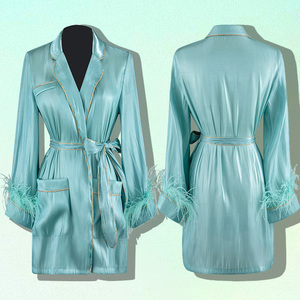 New women's pajamas <strong>silky</strong> feather shirt jacket mid-length women's long-sleeved <strong>top</strong> - Product Image 1