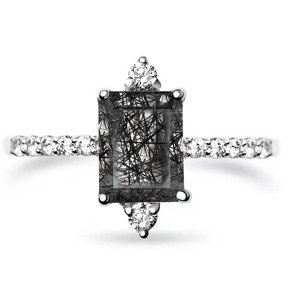 <b>Emerald</b> Cut Natural Stone Engagement <b>Ring</b> 925 <b>Silver</b> Prong Setting Pave Diamond Band Women's Classic Fine Jewelry - Product Image 2